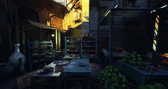Sunlit marketplace with crafts, Warm alley filled with pottery and vegetables, Bright street corner featuring artisanal goods and rustic textures