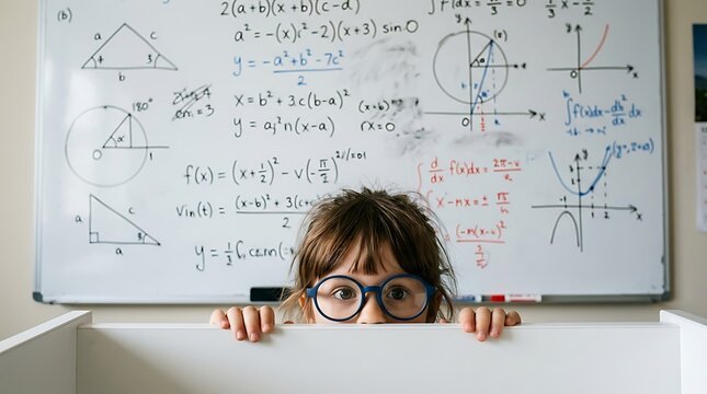 Curious child peeking over desk at complex math equations on