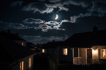 Fototapeta premium Half moon shines above residential houses in dark night sky. White crescent moon glows through thick clouds over suburban rooftops. Quiet town neighborhood at night with lit windows in dark homes
