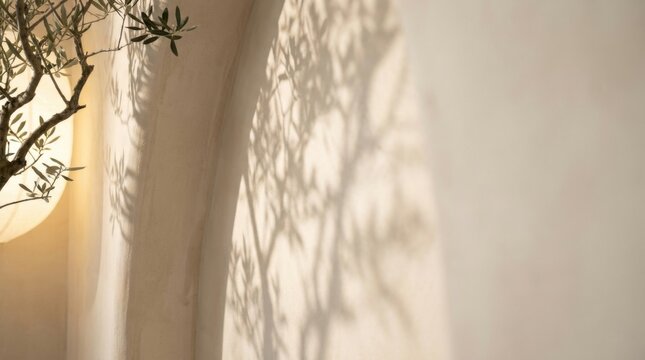 Olive tree branch with leaf shadows on beige stucco arch wall