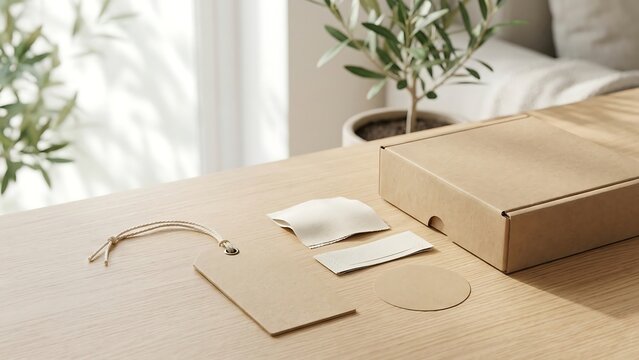Eco-friendly branding and packaging mockup set featuring a brown cardboard mailer box, kraft paper hang tag with string, white fabric swatches, and a round coaster on a minimalist wooden desk
