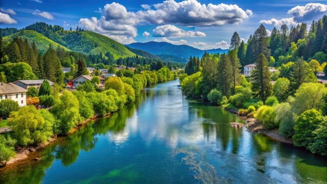 Panoramic view of Grants Pass Oregon's scenic riverfront with towering trees and lush greenery along the Rogue River