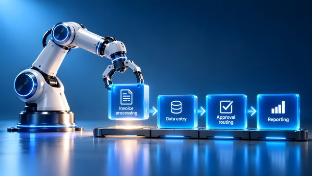 Robotic arm managing business workflow with glowing blue cubes representing invoice processing, data entry, approval routing, and reporting