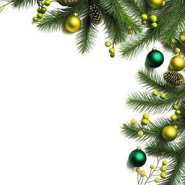  Ramas de abeto navide&ntilde;as decoradas con transparencia PNG. Decoraci&oacute;n navide&ntilde;a de ramas de abeto verdes con esferas brillantes aisladas sobre fondo PNG transparente.
