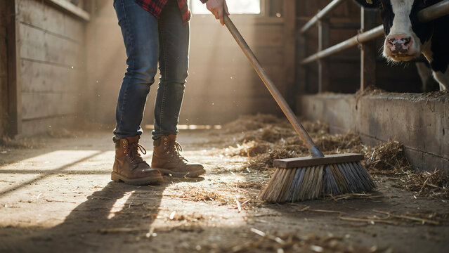Low angle view of a farmer in jeans plaid shirt and leather work boots sweeping straw with a broom inside a sunlit barn while a dairy cow watches through the stable railing