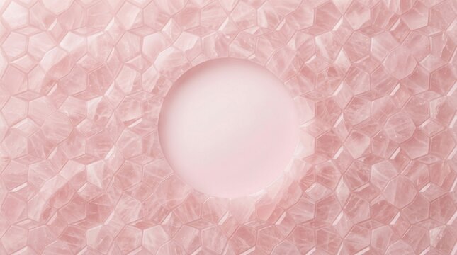 Rose quartz crystal geometric mosaic wall with central circular podium
