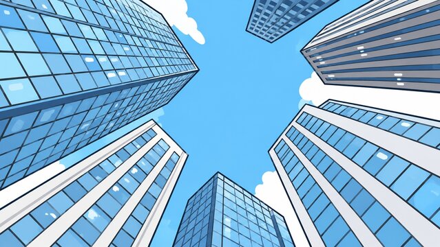 青空と雲を背景に見上げるモダンな高層ビル群の広角イラスト