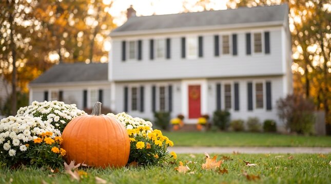 Halloween autumn suburban house with large orange pumpkin, blooming mums, golden fall foliage, cozy front yard, seasonal outdoor decor, and warm holiday atmosphere.
