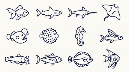 Obraz premium Collection of Marine Life and Fish Species Line Art Icons