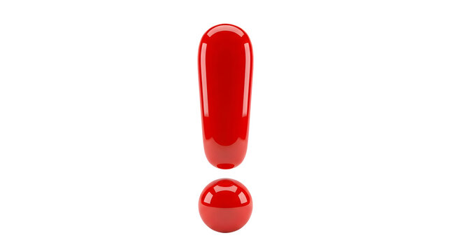 A glossy red exclamation mark featuring a smooth curved vertical pillar and a rounded spherical dot beneath it, displaying bright white specular highlights, isolated on a plain solid white background