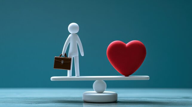 A white stick figure balancing career and emotional symbols represents personal fulfillment, responsible working habits, mental wellness, and everyday life balance.
