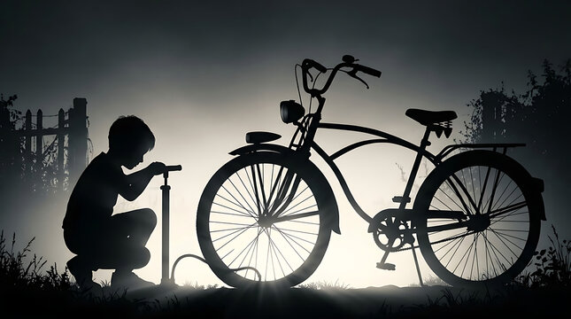 A young boy manages to refill his bicycle tyre with air