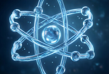 Fototapeta premium Quantum physics and atomic energy, scientific research and molecular structure with glowing blue particles in a futuristic laboratory environment