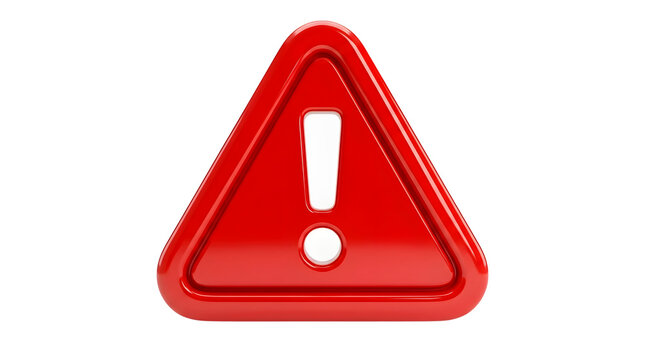 Three-dimensional glossy bright red triangular warning sign icon featuring a rounded exclamation point symbol in the center, rendered with reflective surfaces against a pure white background