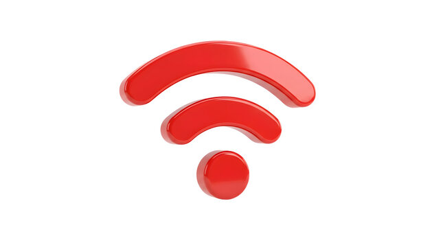 A three-dimensional glossy red wi-fi wireless internet network signal connection symbol icon rendered with smooth reflective surfaces isolated against a clean solid plain white background