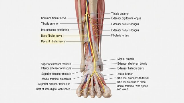 Deep fibular nerve Lower leg anatomy graphic illustrating the tibia, fibula, surrounding musculature, and the deep fibular nerve pathway with detailed labels.