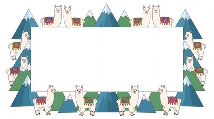 Fototapeta premium Cute Alpaca and Andes Mountain Frame Border Vector Template