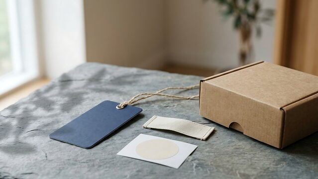 Minimalist eco-friendly branding mockup featuring a brown cardboard box, blue hang tag with twine, woven clothing label, and a circular sticker on a textured stone surface with natural light