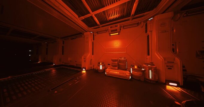 dim red lit maintenance bay interior, autonomous drone performing close inspection of power conduits and panels, tool cases and crates stacked along bulkhead,