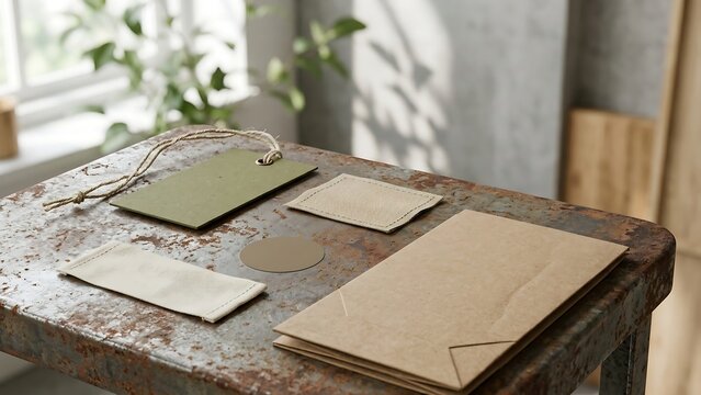 Blank eco-friendly clothing labels, paper tags with jute string, and brown kraft shopping bag on a rustic rusty metal table in a bright interior for sustainable fashion branding mockup.