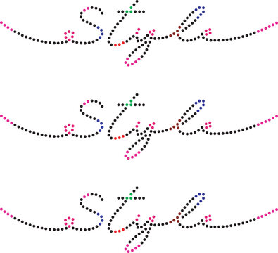 Cursive word style in dotted script, colorful hotfix rhinestone or beadwork typography template for garment embellishment isolated on white.