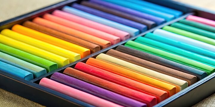 Softly glowing colorful chalk pastels arranged in a box, colorful sticks, chalk,  colorful sticks