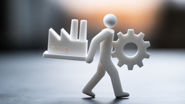 Holding a factory and gear, a white stick figure represents industrial engineering, production coordination, operational efficiency, and modern manufacturing processes.
