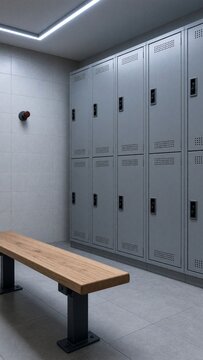 Empty modern gym locker room with bench and copy space