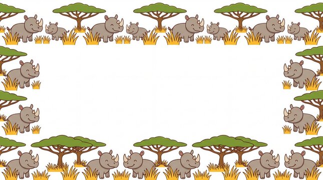 Cute baby rhino and safari tree vector border frame template