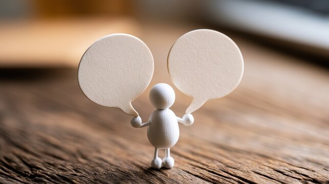 A white stick figure carrying two speech bubbles illustrates social interaction, constructive dialogue, emotional understanding, and positive relationship development.

