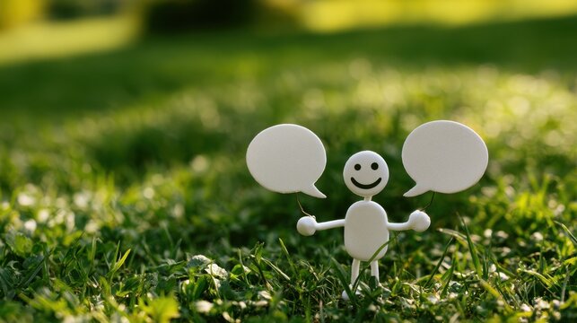 A white stick figure holding two speech bubbles symbolizes interpersonal communication, meaningful dialogue, mutual understanding, and stronger social relationships.
