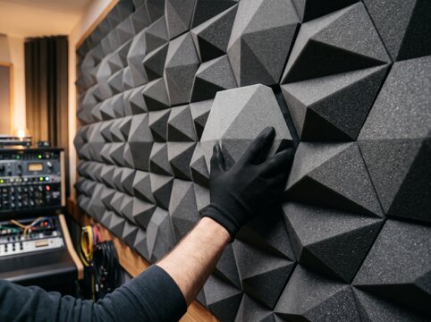 A young adult Caucasian man wearing a black glove installs a modular acoustic foam panel on a studio wall to improve soundproofing
