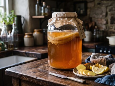 Large glass jar of amber kombucha with scoby fermenting on a rustic wooden kitchen counter with ginger slices and lemon wedges