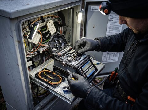 Technician splicing fiber optic cables with a fusion splicer in an outdoor cabinet