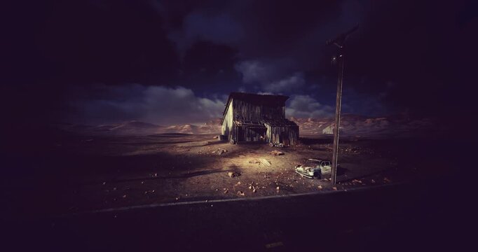 Ruined storage hut under gloomy skies signals survival, Decrepit storage structure beside highway under stormy clouds reveals story of resilience and ruin