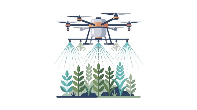 Agricultural drone spraying liquid fertilizer or pesticides over green crops flat vector illustration.