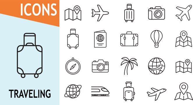 Travel icons for adventure and exploration