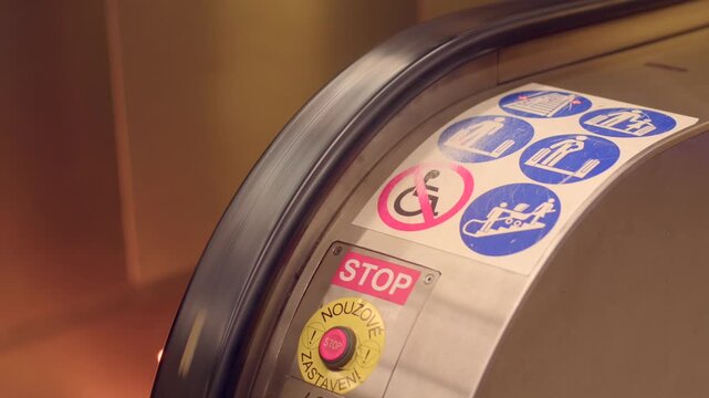 Close-up of escalator handrail edge and stainless steel side panel with safety and prohibition stickers, pink stop button and yellow emergency stop dial marked in Czech.