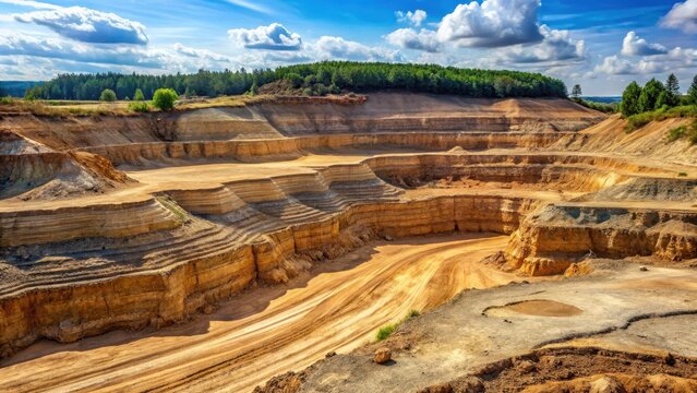 Distant geological layers exposed in a deep sand pit, rock strata, sand pit excavation