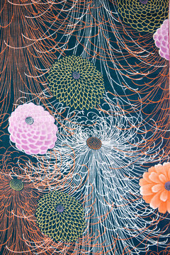 Chrysanthemum pattern on teal vintage Japanese fabric