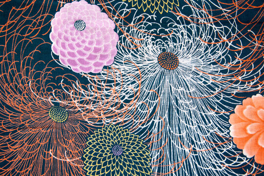 Pink and white chrysanthemums on dark teal Japanese textile