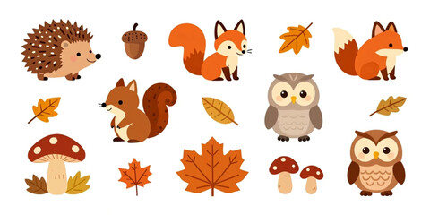 Obraz premium Fox, hedgehog, squirrel, owl, acorn, mushroom, and autumn leaf graphics are featured in this decorative set for creative projects.
