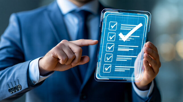 Professional using a digital checklist to verify financial documents before audit submission, document control, accounting compliance, internal audit, reporting accuracy,
