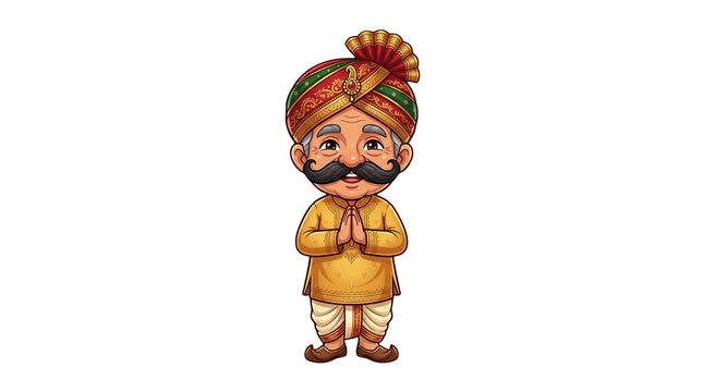 Cartoon indian man in traditional attire greeting isolated on transparent background