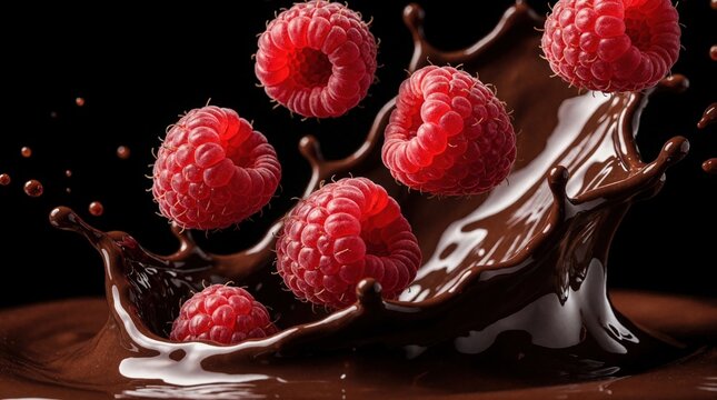 Fresh red raspberries splash into liquid dark chocolate. Sweet berries fly through cocoa wave in dynamic motion. Delicious fruit, melted chocolate mix on black background. Tasty dessert concept with