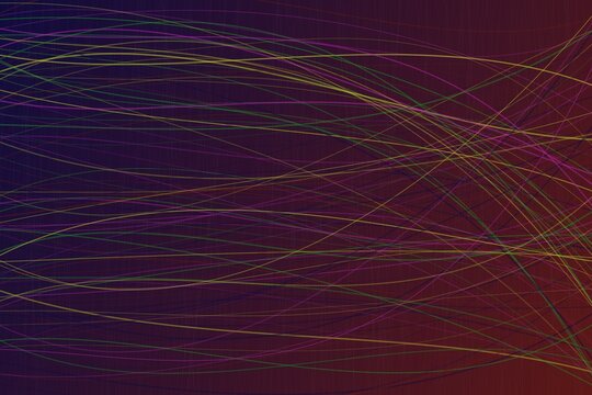 Abstract background, featuring thin, flowing, multi-colored lines intersecting, across a dark, gradient surface with, deep purple and, red tones throughout