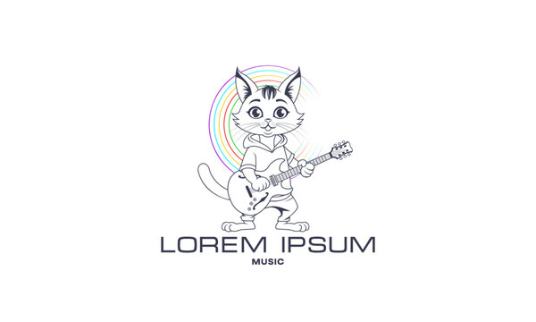 Vector logo. Cute cartoon cat with bass guitar. Toon emblem, music club of children. Musical instrument. Kitten in hoodie. Color round. Isolated background