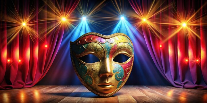 A dramatic mask with a colorful background of theatre curtains and spotlights , curtains, drama,  curtains, drama