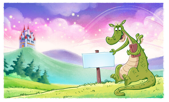 Fun scene of a dragon with a book and holding a sign, with a magical castle in the background