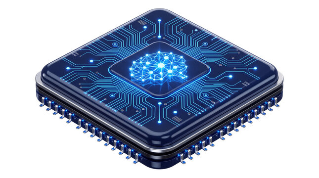 Futuristic AI microchip processor with glowing brain graphic, blue circuit board artificial intelligence CPU, digital semiconductor hardware isolated PNG with Transparent Background